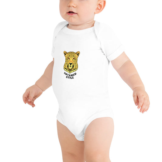 LEPPARD UNTAMED STYLE BABY ONESIE White with Black Font