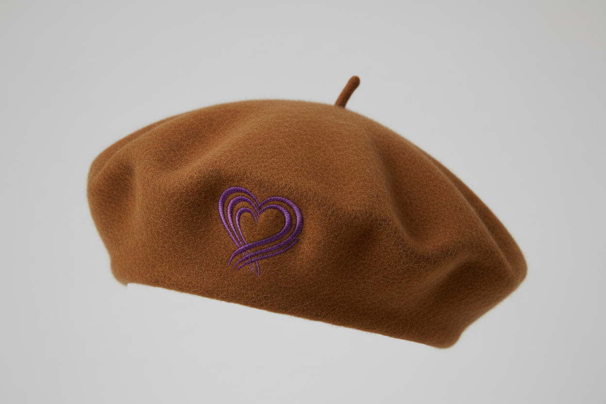 french beret in a caramel color with the purple heart logo 