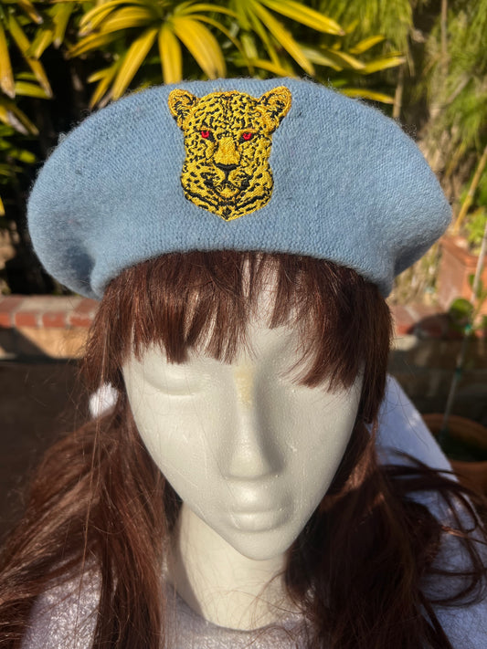 ROYAL FRENCH BERET EMBROIDERED LEPPARD CREST BABY BLUE