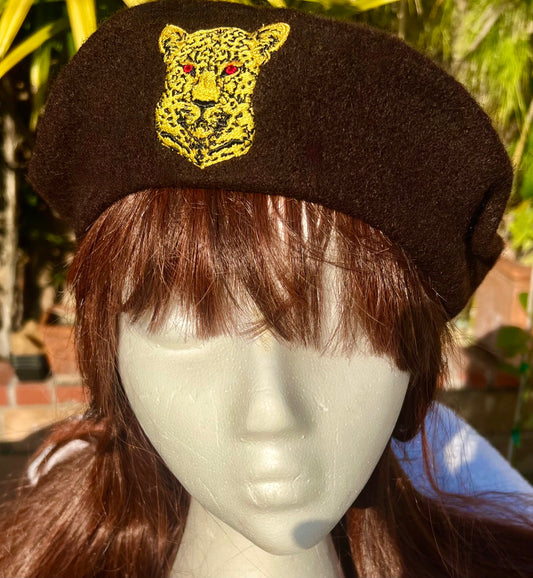 ROYAL FRENCH BERET EMBROIDERED LEPPARD CREST  BROWNY