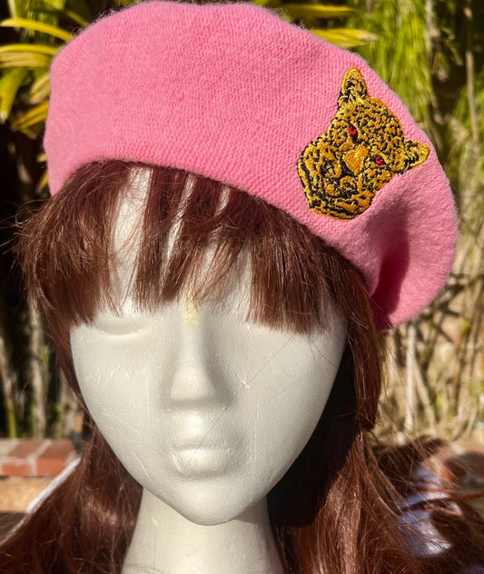ROYAL FRENCH BERET EMBROIDERED LEPPARD CREST  BUBBLE GUM PINK