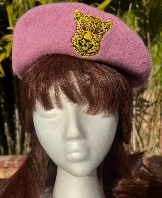 ROYAL FRENCH BERET EMBROIDERED LEPPARD CREST in DUSTY ROSE