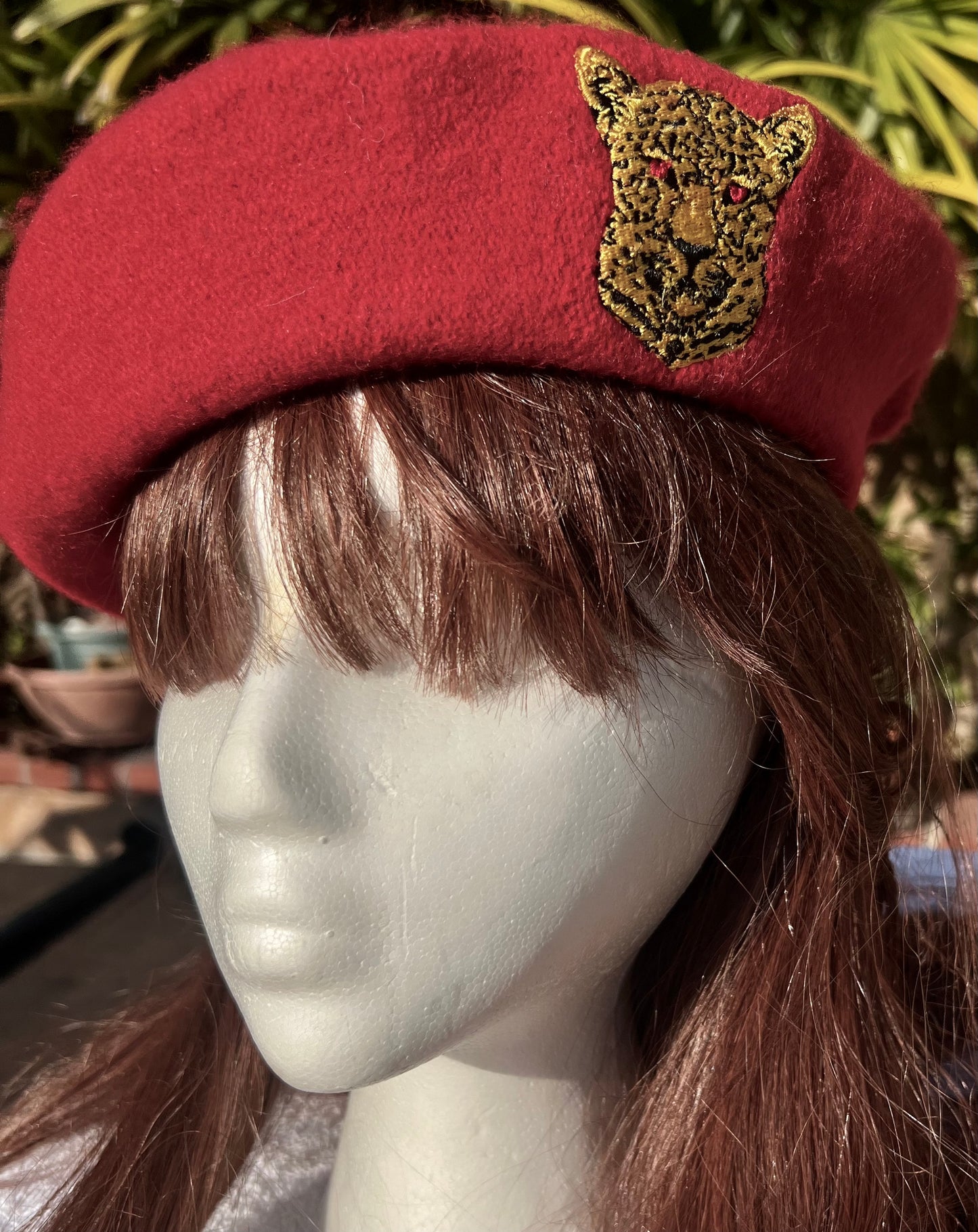 ROYAL FRENCH BERET EMBROIDERED LEPPARD CREST in FIRE RED