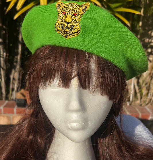 ROYAL FRENCH BERET EMBROIDERED LEPPARD CREST  NEON GREEN