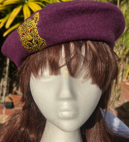 ROYAL FRENCH BERET EMBROIDERED LEPPARD CREST in PLUM