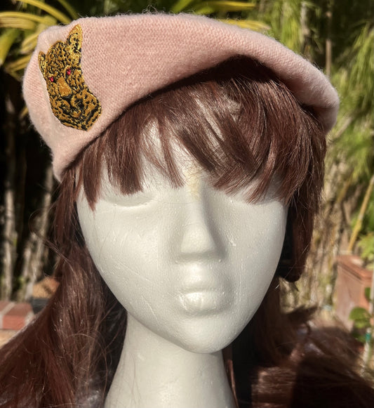 ROYAL FRENCH BERET EMBROIDERED LEPPARD CREST in SWEET PINK