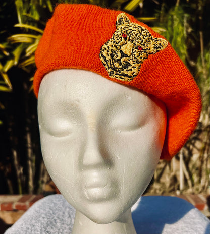 ROYAL FRENCH BERET EMBROIDERED LEPPARD CREST in TANGERINE DREAMS