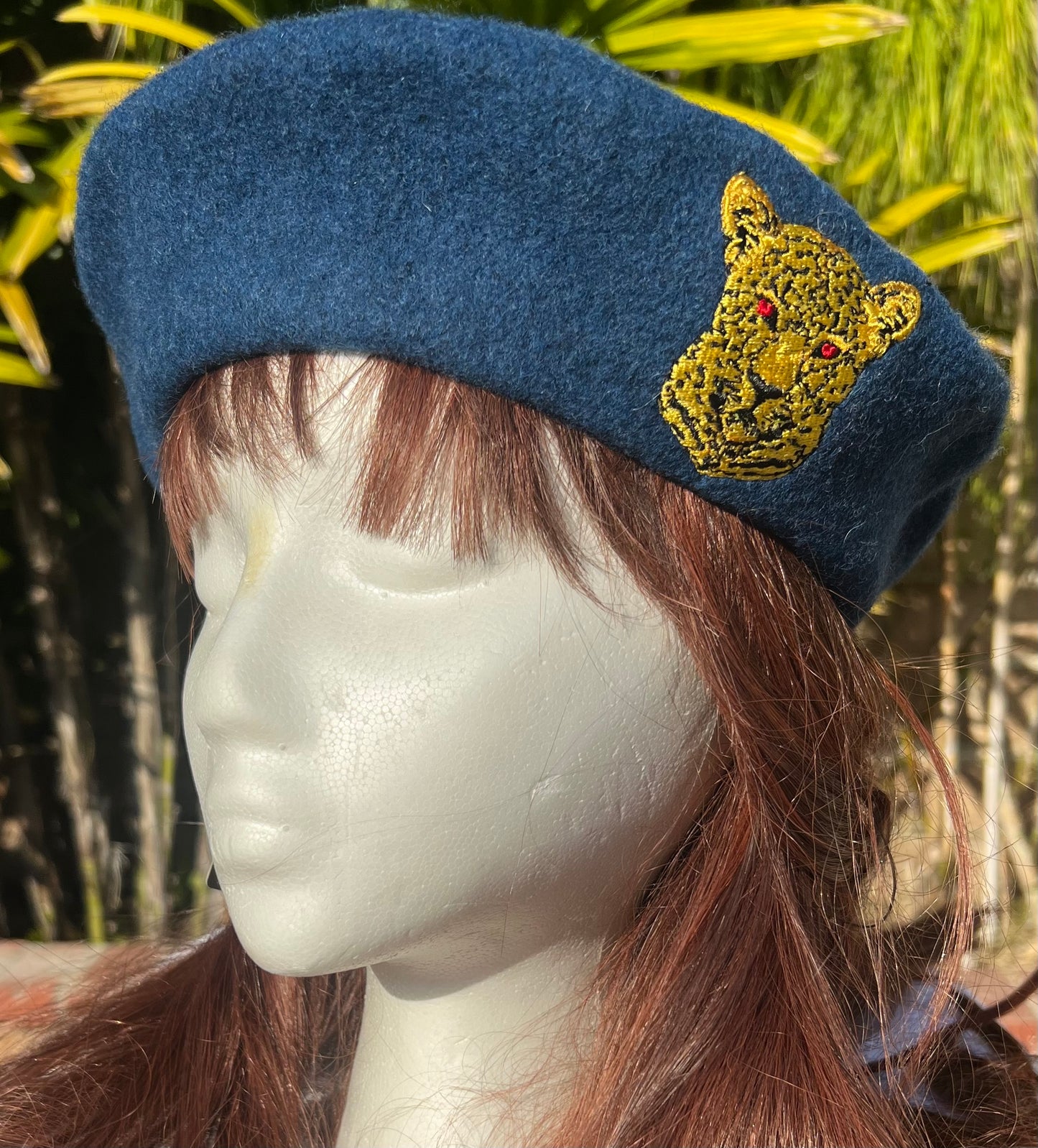 ROYAL FRENCH BERET EMBROIDERED LEPPARD CREST in TEAL BLUE